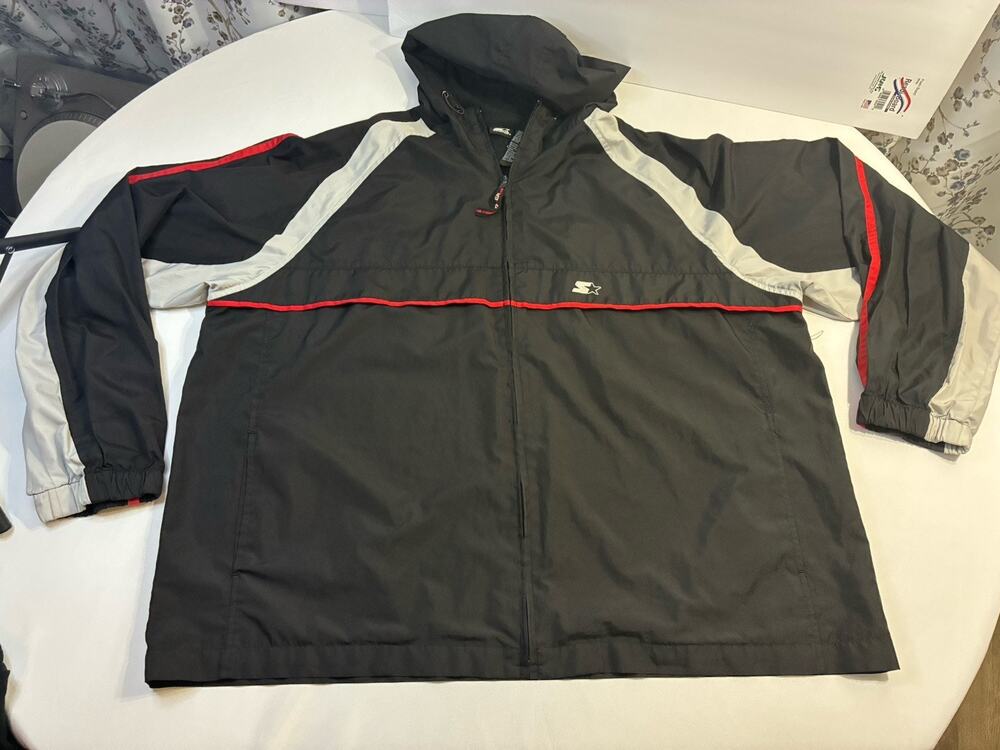 Starter Windbreaker Jacket XL Black Red Retro Y2K Full Zip Hooded Streetware